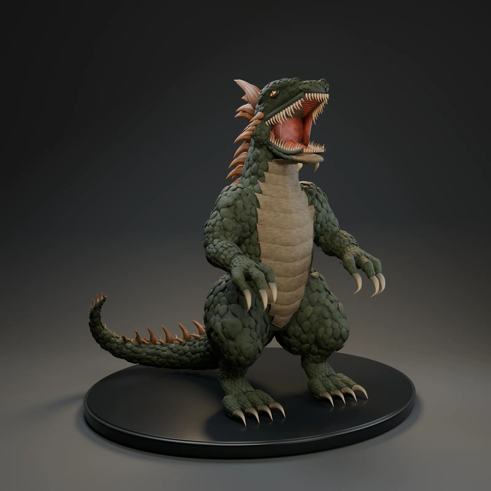 First Amberback figure with a wide-open mouth, long hand claws, and smooth oval scales.