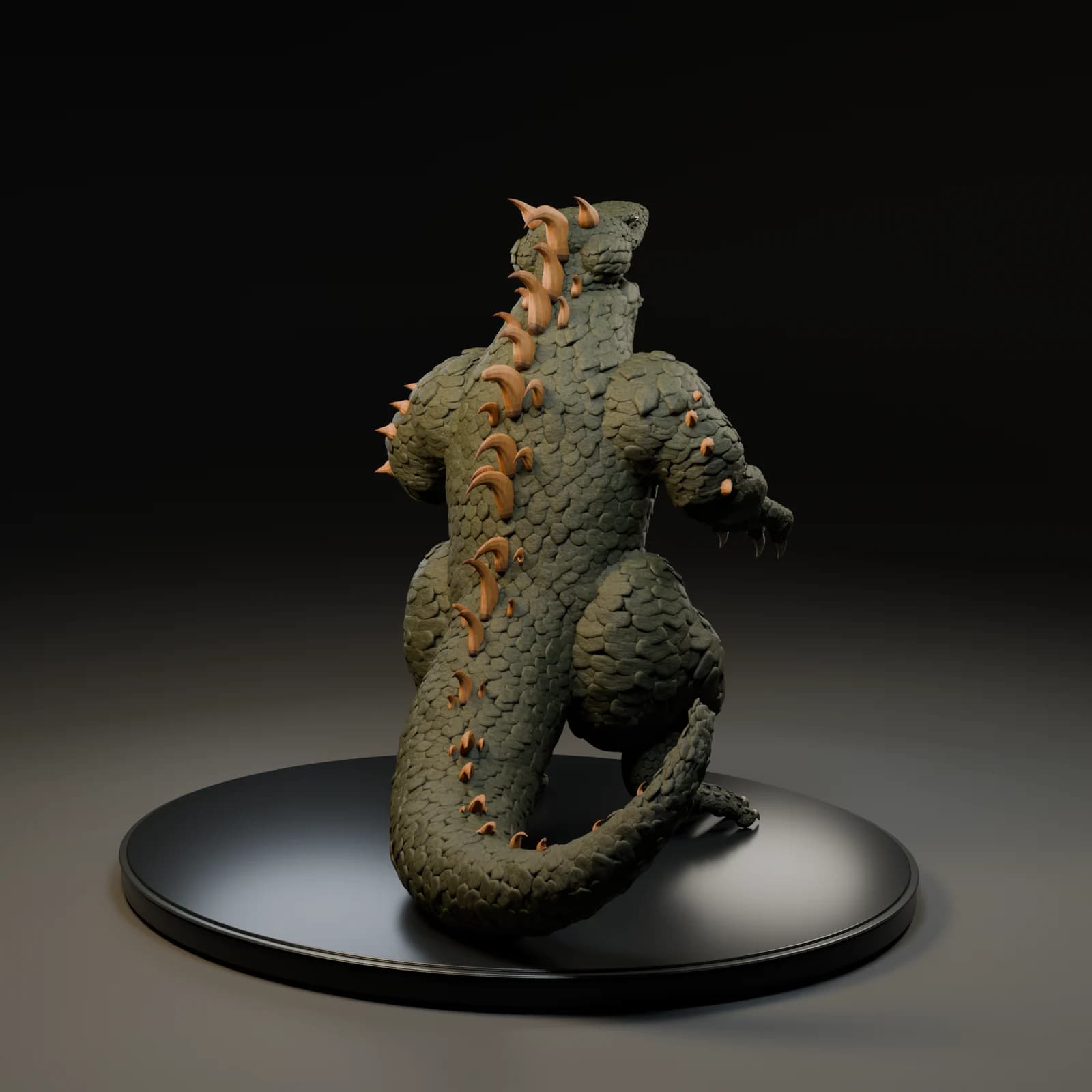 Rear view of Amberback showing the dorsal horns, armor across the back, and long tail.