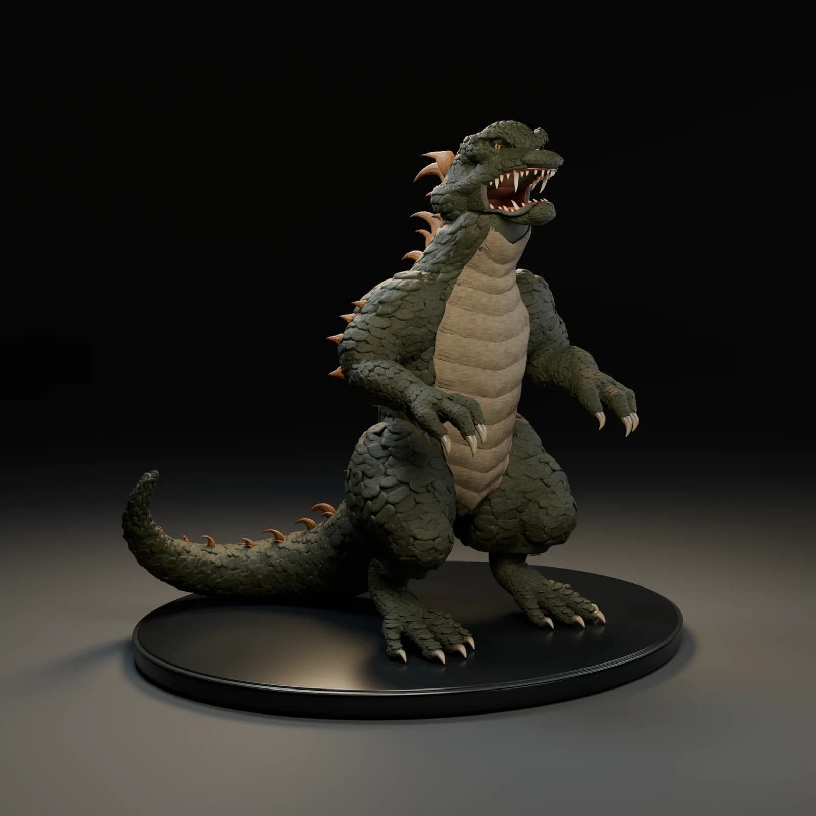 Revision 8 of the olive kaiju figure, showing its plated body and long tail on a display plinth.