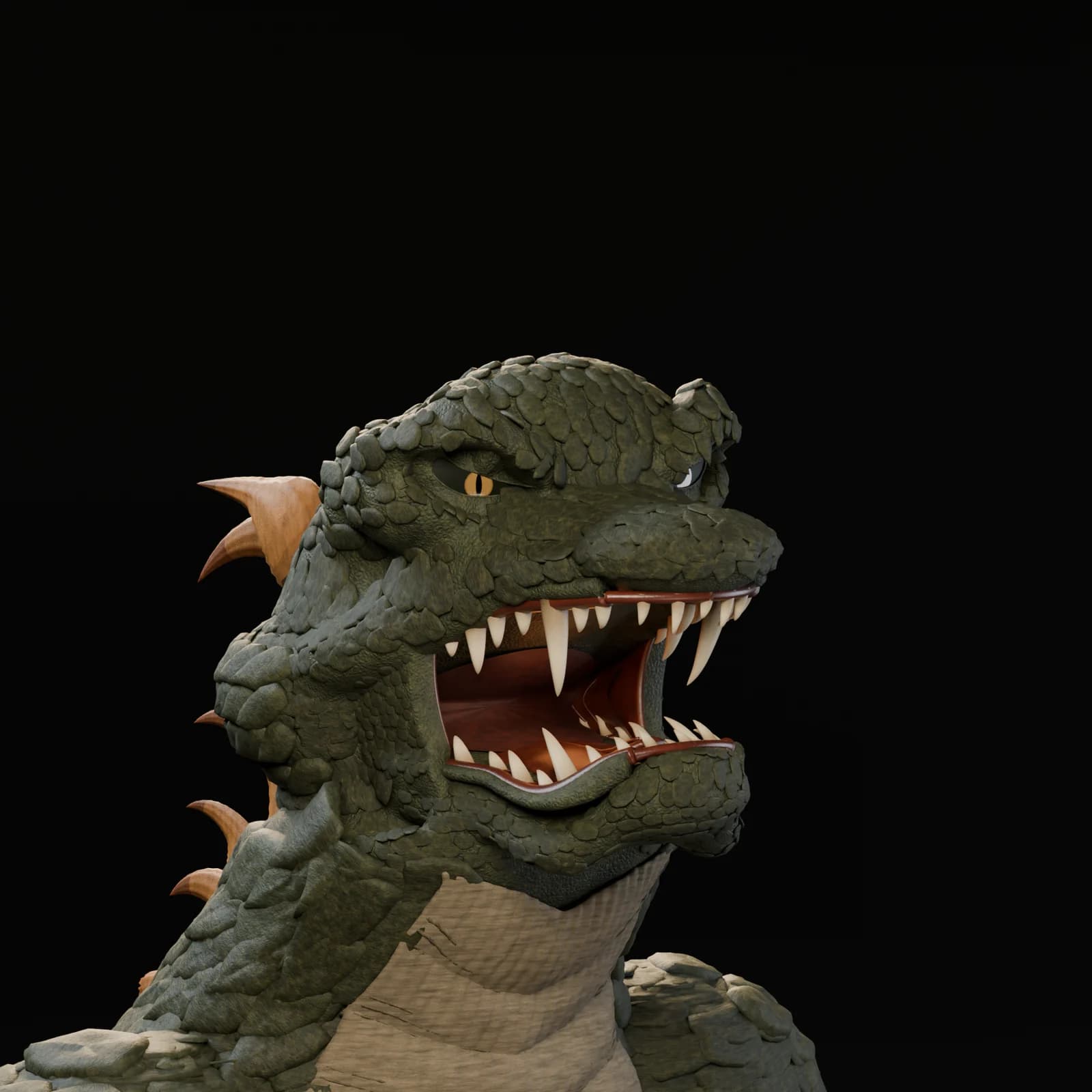 Revision 9 close view of the kaiju face and thicker jaw connection beneath the cheek.