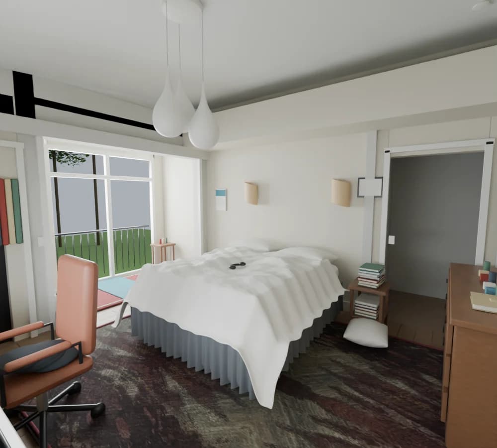 Blender render of a white bed against an ivory headwall with curved wood sconces and bedside books.