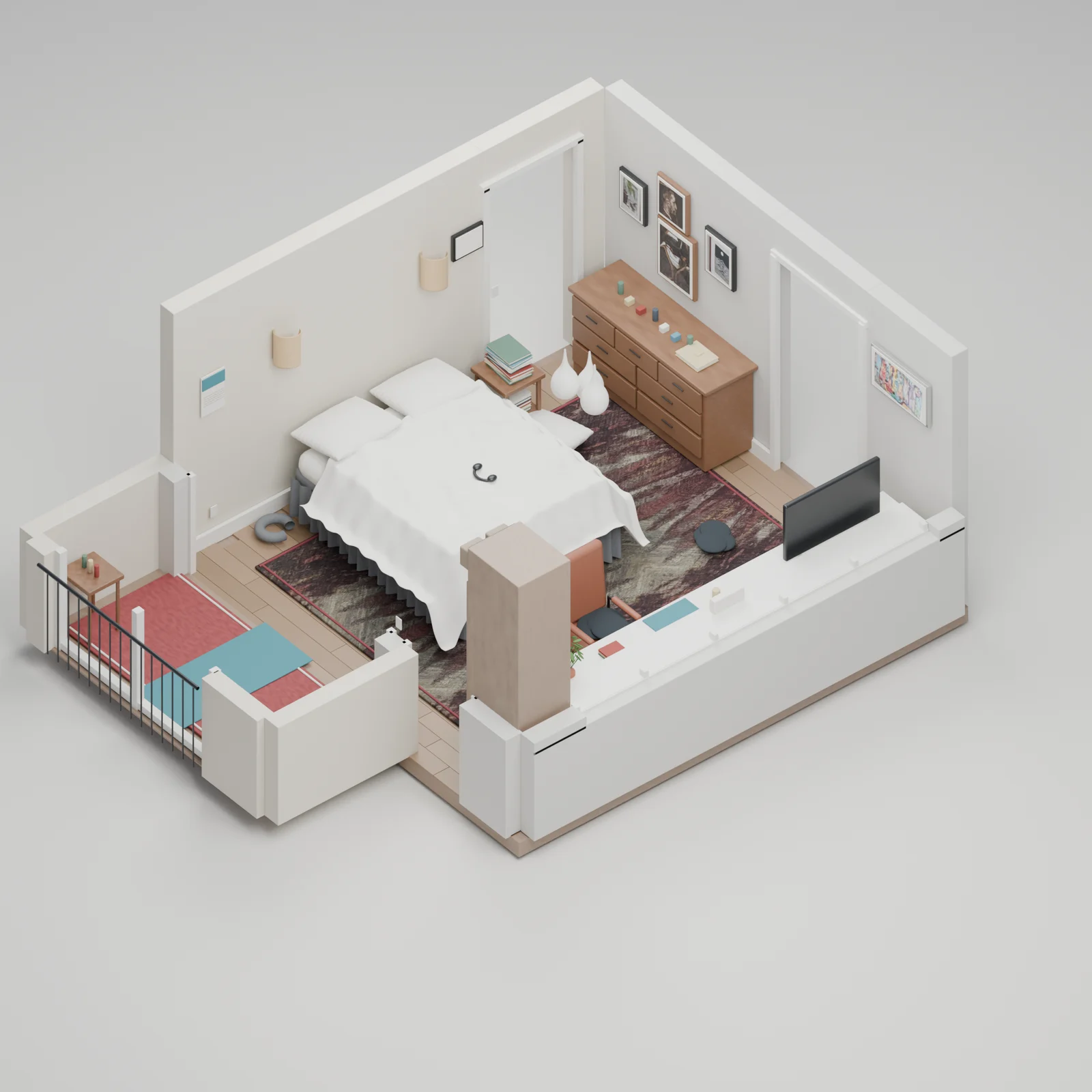 Blender overview of the reconstructed room showing the arrangement of the bed, furniture, and adjoining nook.
