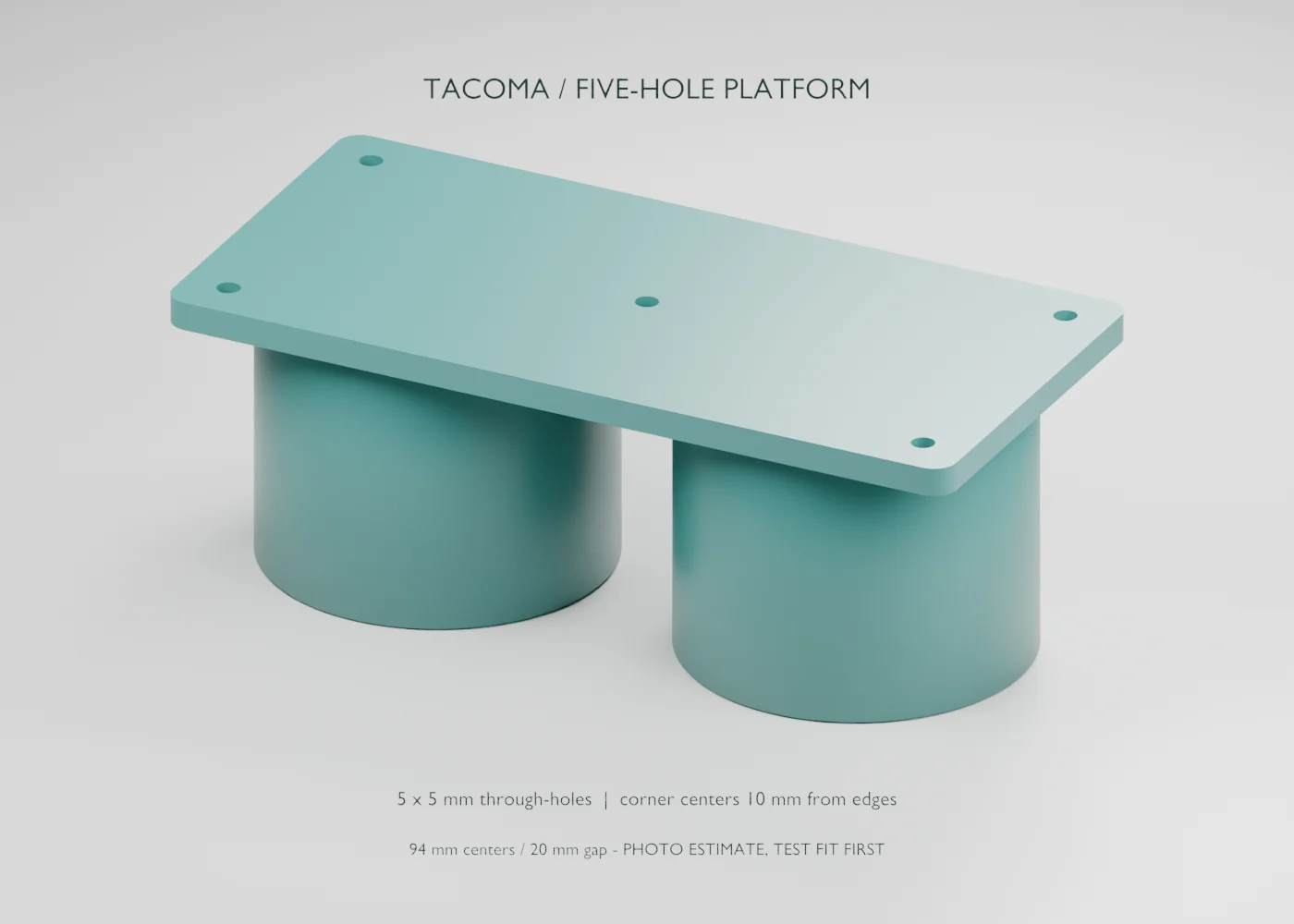 Blender preview of the five-hole platform and two round inserts used for the printed mount.