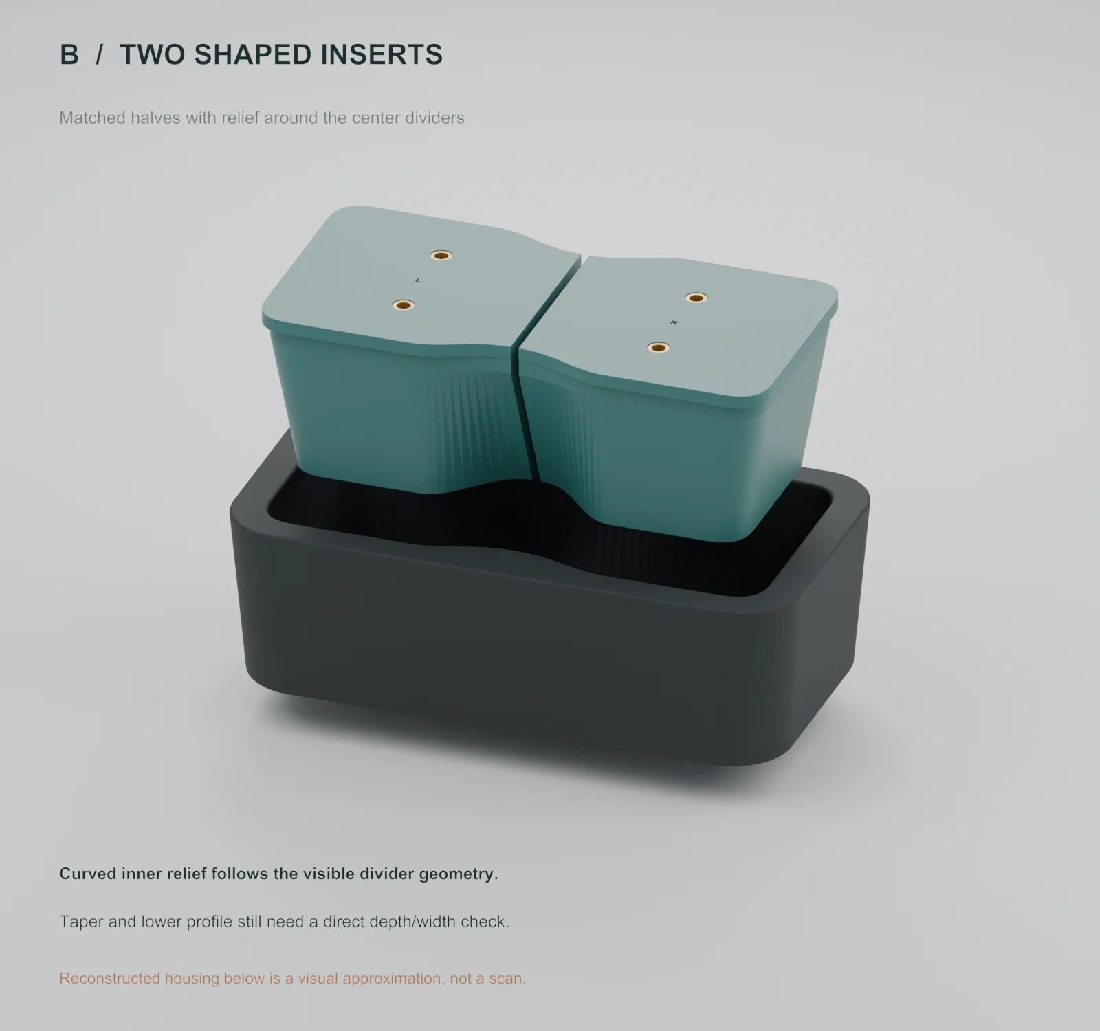 Earlier exploded Blender concept showing tapered inserts above an approximate model of the cup-holder opening.