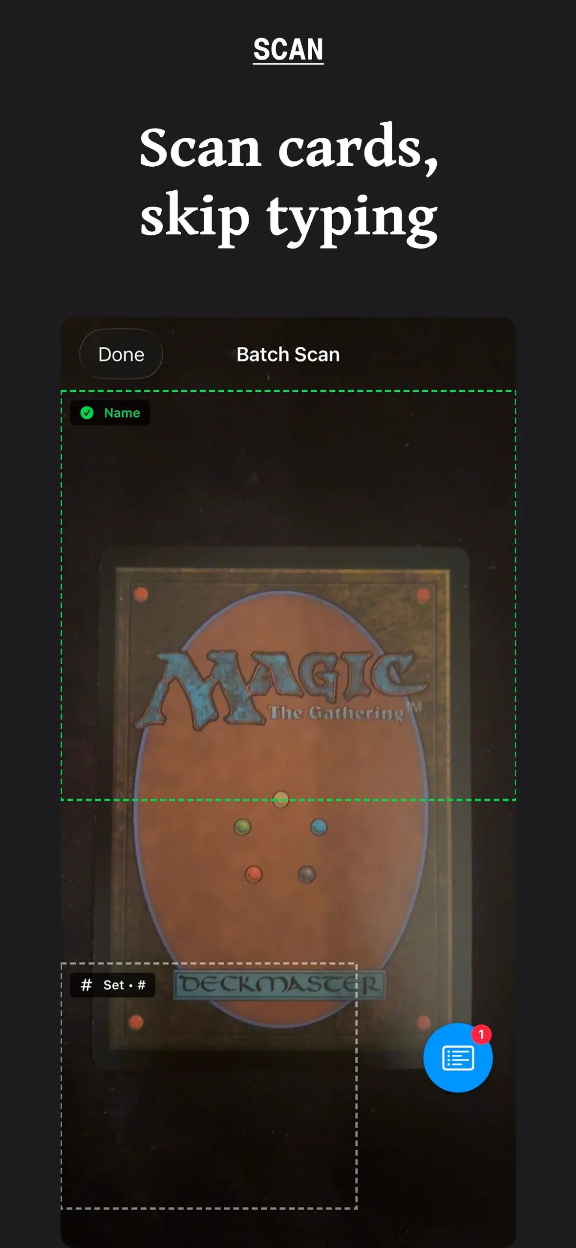 Batch scan mid-capture, OCR guide frames locked onto a card with one scan already queued