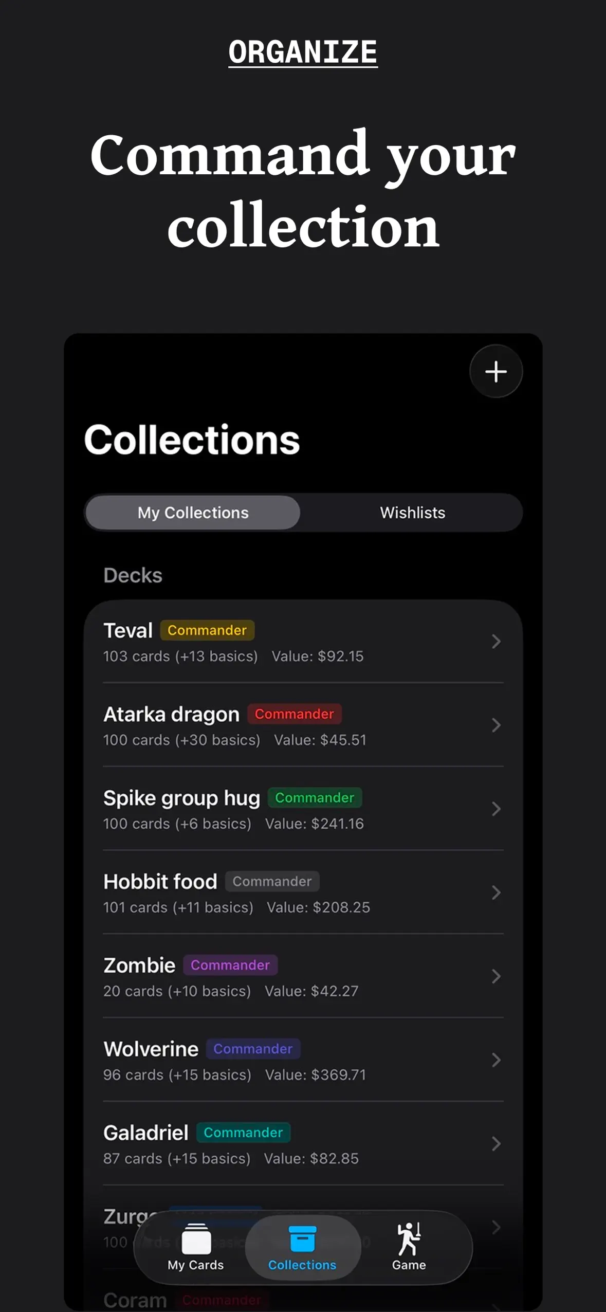 Collections tab listing Commander decks with card counts and live values