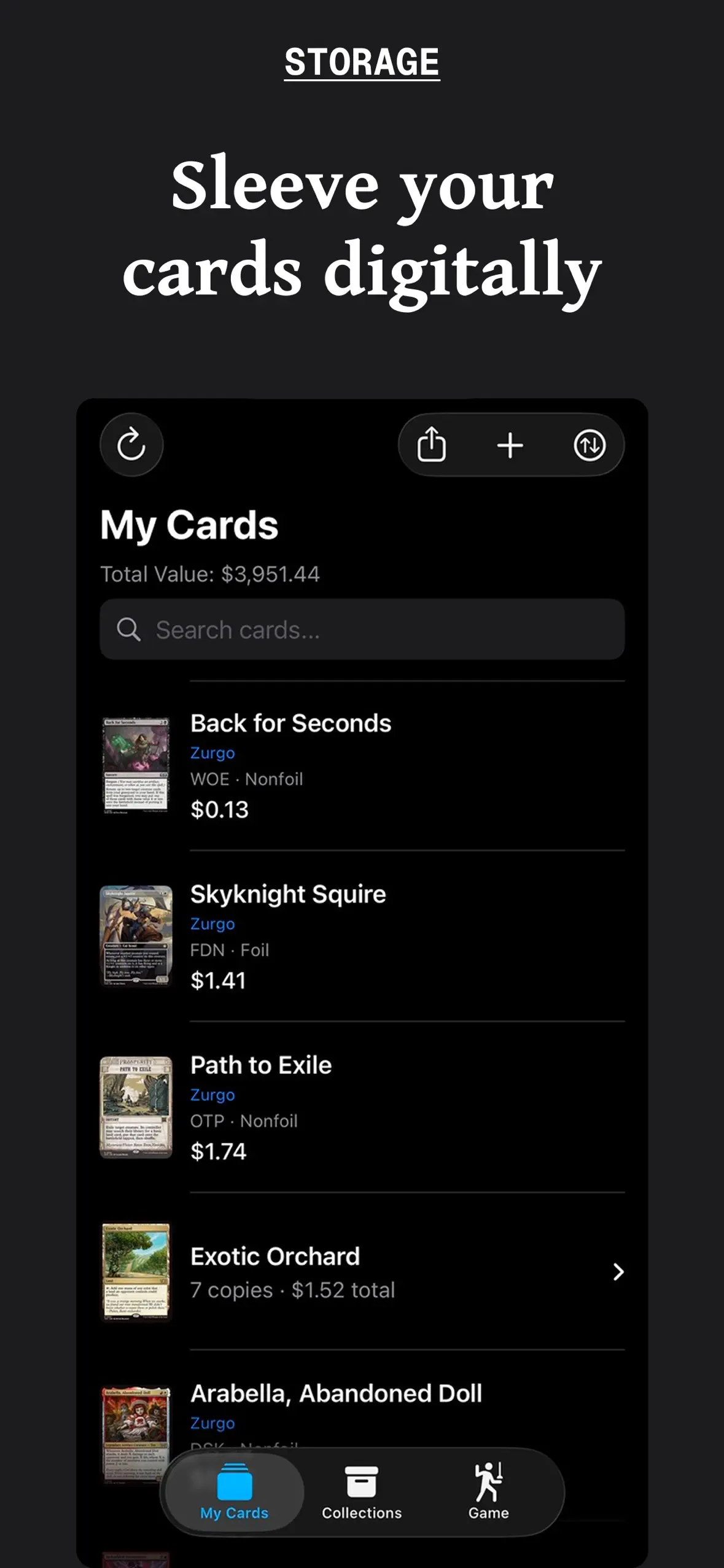 My Cards list totaling $3,951.44 across the collection, each card with set, finish, and current price