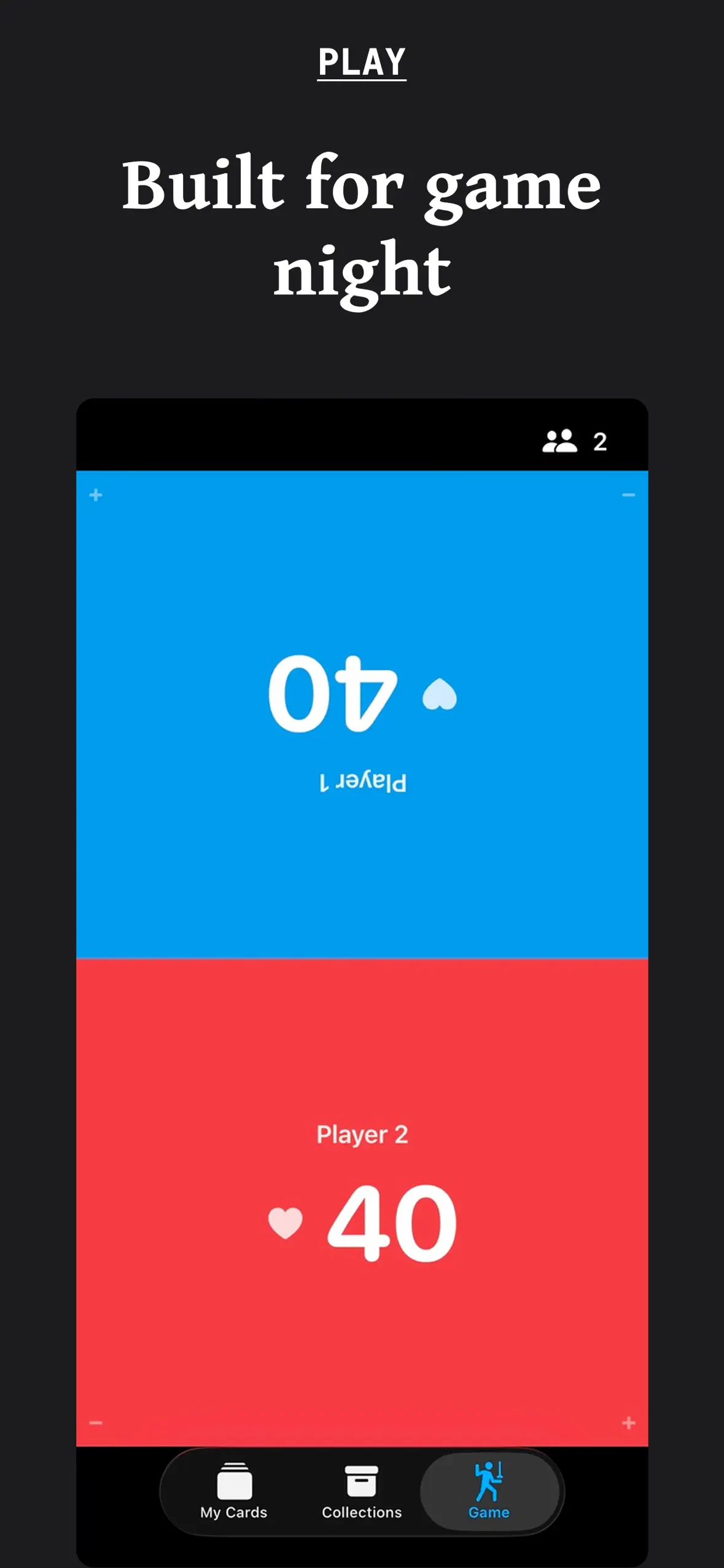 Two-player life counter from the Game tab, mirrored so both players read their own total