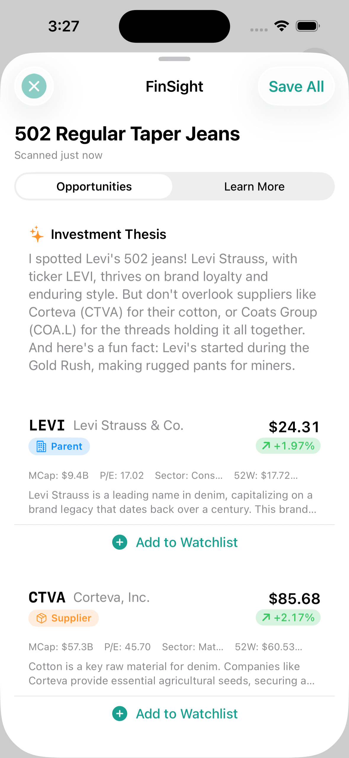 Levi's 502 jeans trace to Levi Strauss, plus Corteva for the cotton and Coats Group for the thread.