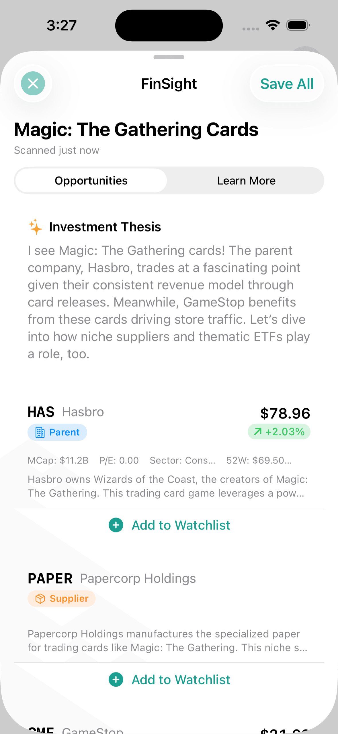 A booster of Magic: The Gathering cards resolves to Hasbro, the parent, with the card-stock and print supply chain as the pick-and-shovel play.