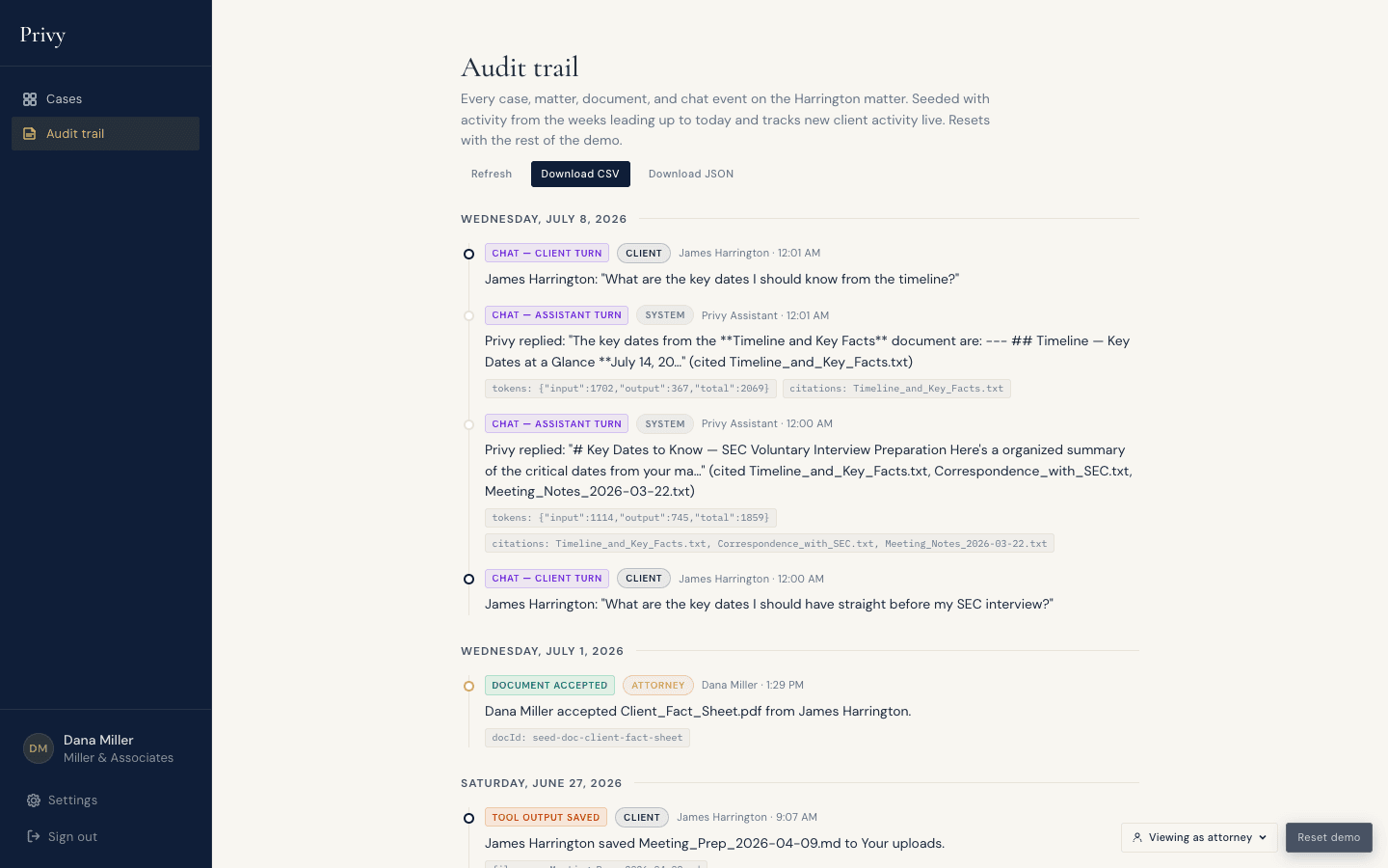 Attorney audit trail logging live chat turns with token counts and the documents each answer cited
