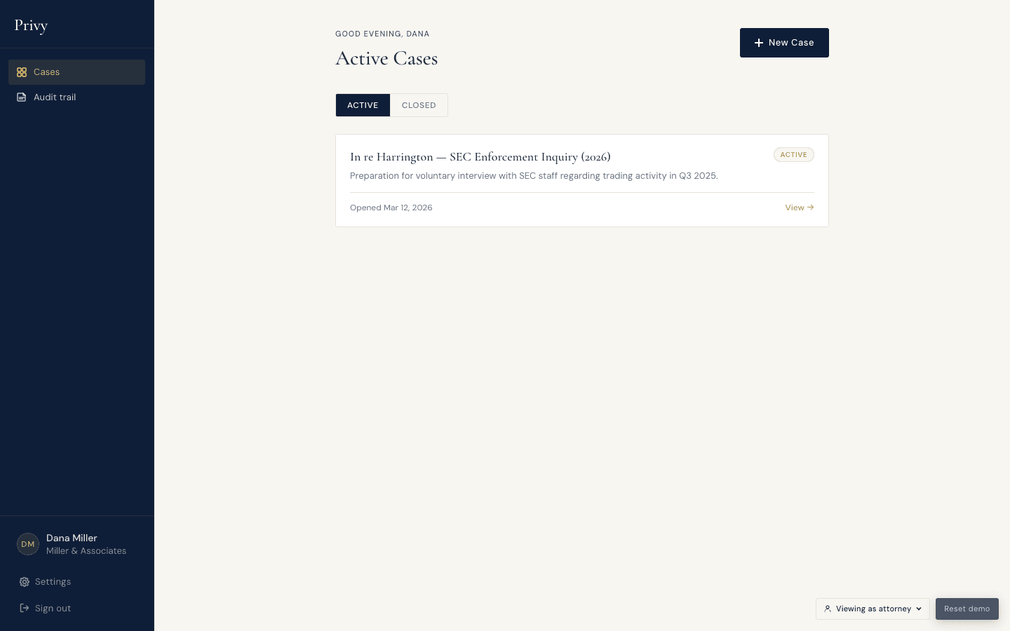 Attorney dashboard listing the seeded case, In re Harrington, SEC Enforcement Inquiry