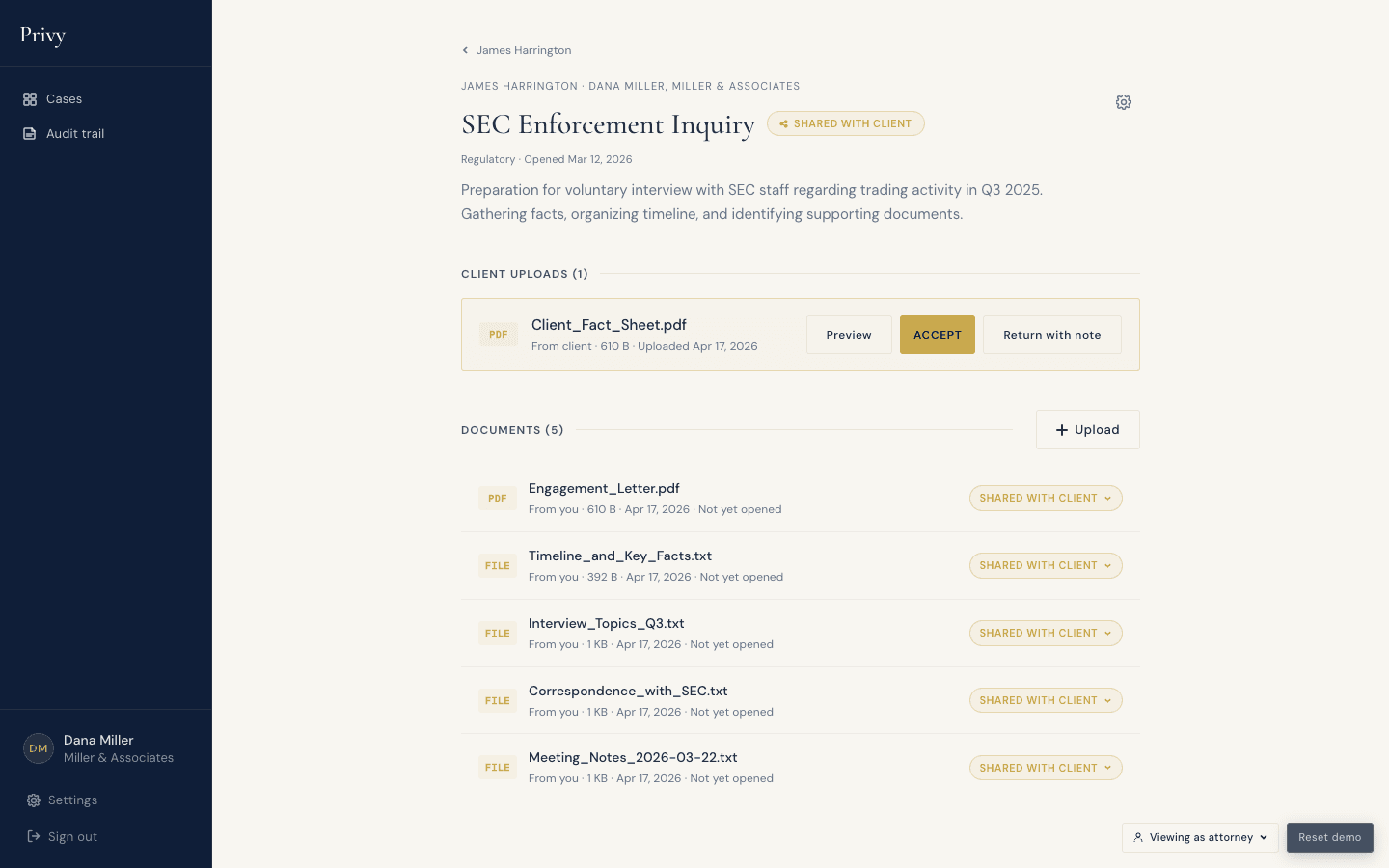Attorney matter view with a client upload pending review and five documents shared to the client workspace