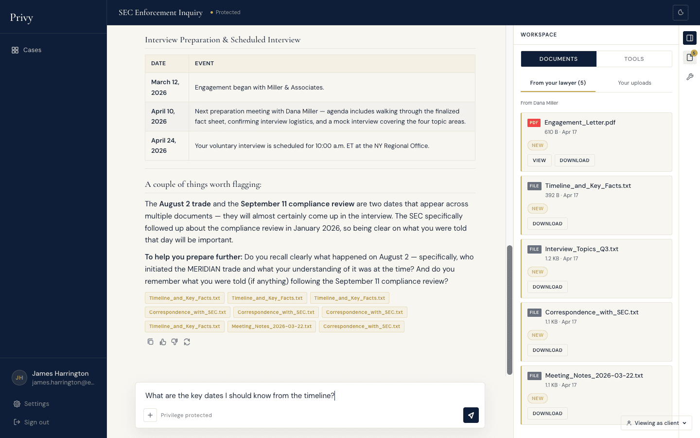 Client chat answer assembling an SEC interview timeline from shared documents, with citation chips naming each source file