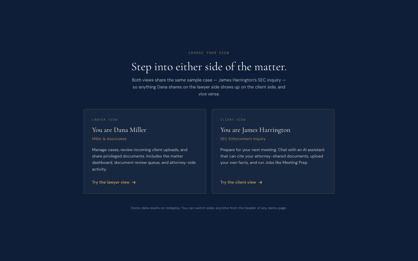 Demo identity picker offering the lawyer view as Dana Miller or the client view as James Harrington on the same case