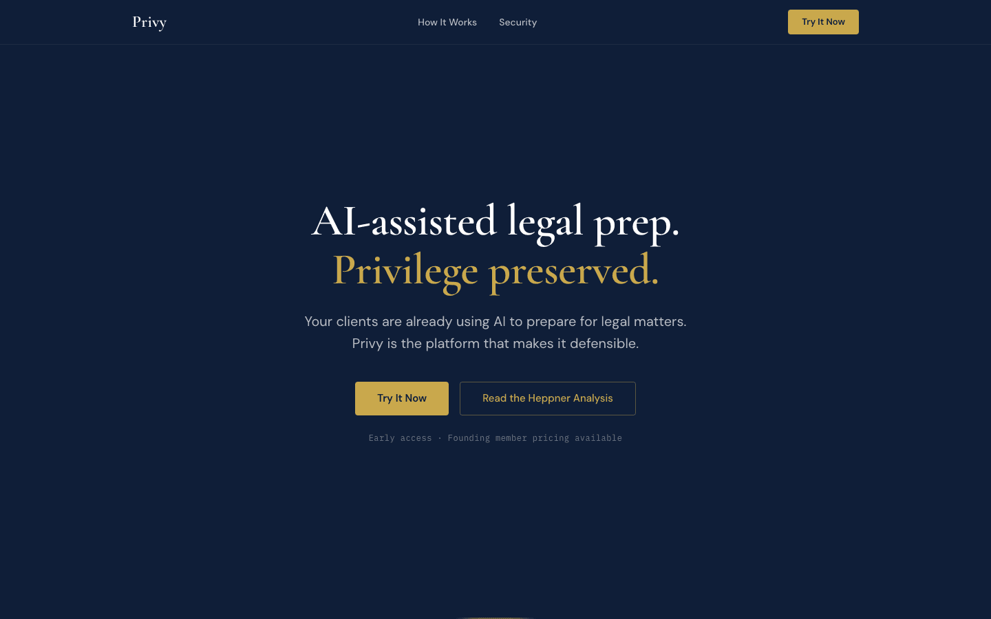 Marketing landing pitching AI-assisted legal prep with privilege preserved